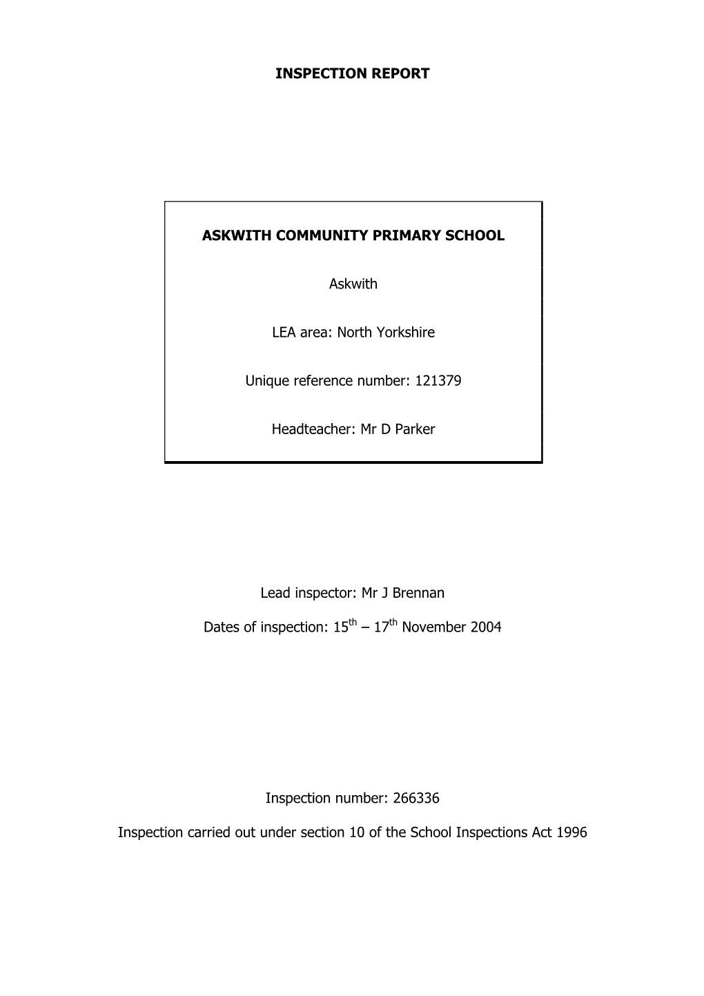 Inspection Report Askwith Community Primary School