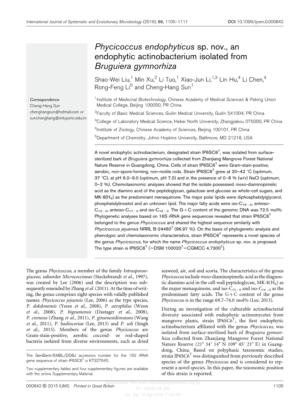 Phycicoccus Endophyticus Sp. Nov., an Endophytic Actinobacterium Isolated from Bruguiera Gymnorhiza