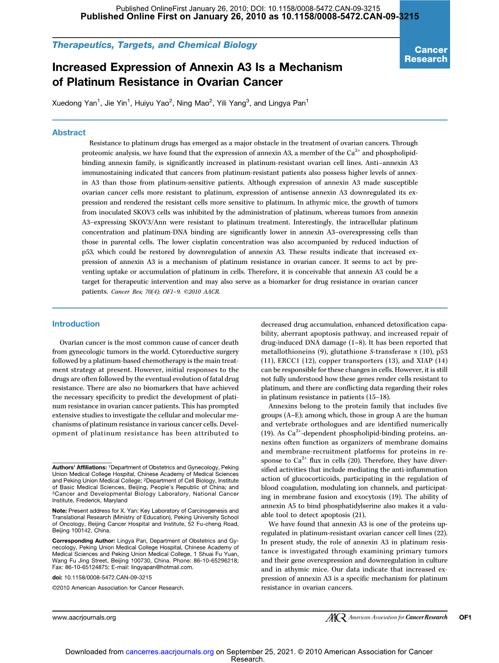 Increased Expression of Annexin A3 Is a Mechanism of Platinum Resistance in Ovarian Cancer