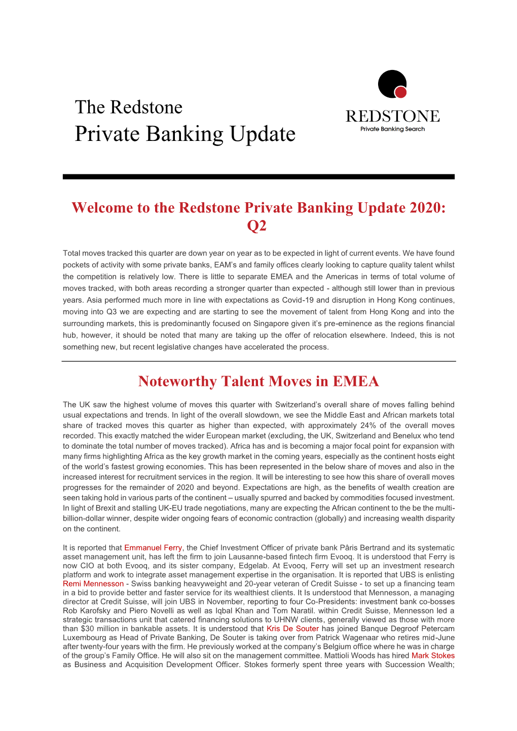 Redstone Private Banking Update Q2 2020