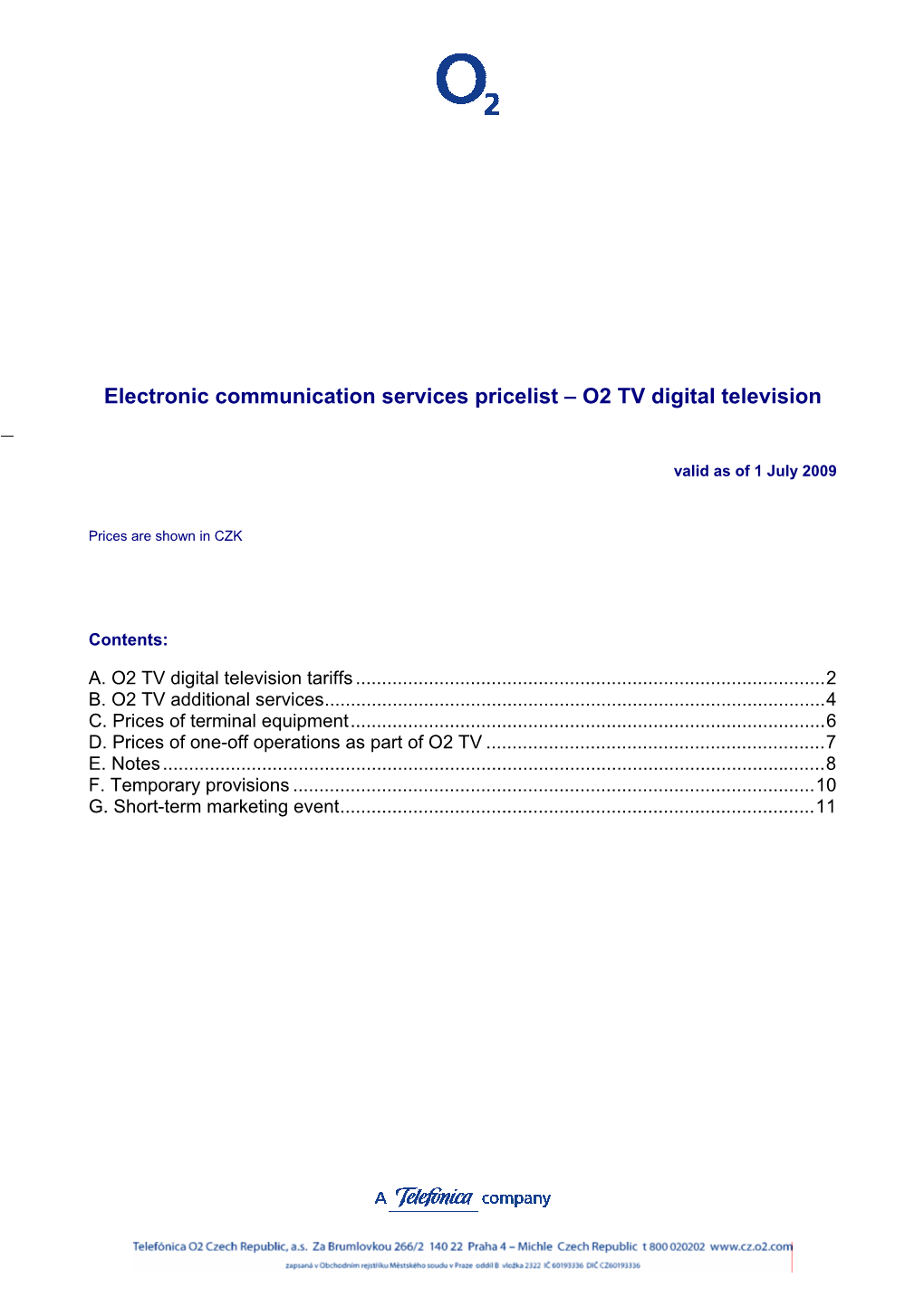 Electronic Communication Services Pricelist – O2 TV Digital Television