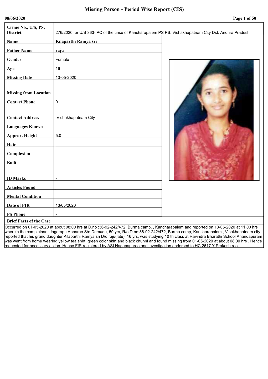 Missing Person - Period Wise Report (CIS) 08/06/2020 Page 1 of 50