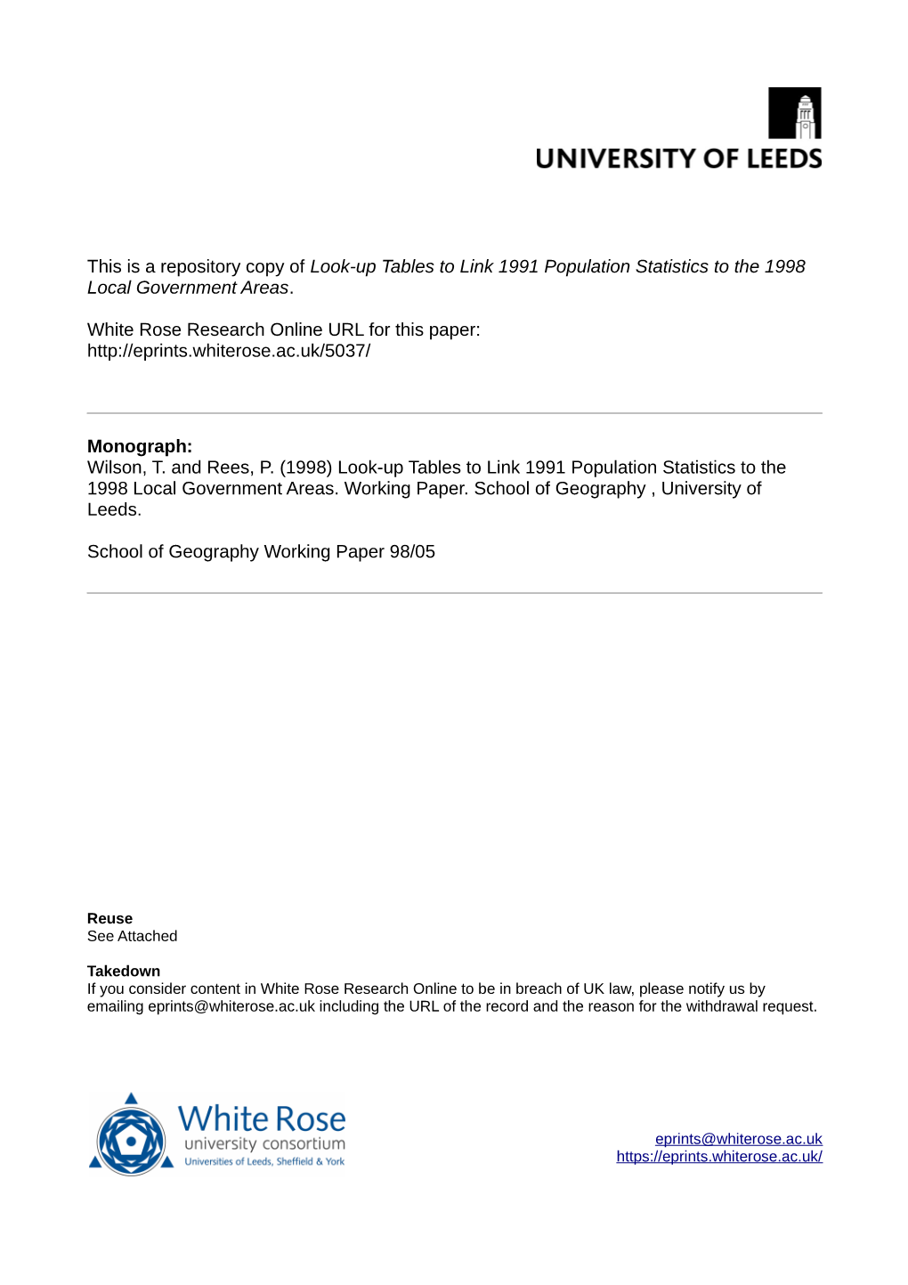 Look-Up Tables to Link 1991 Population Statistics to the 1998 Local Government Areas