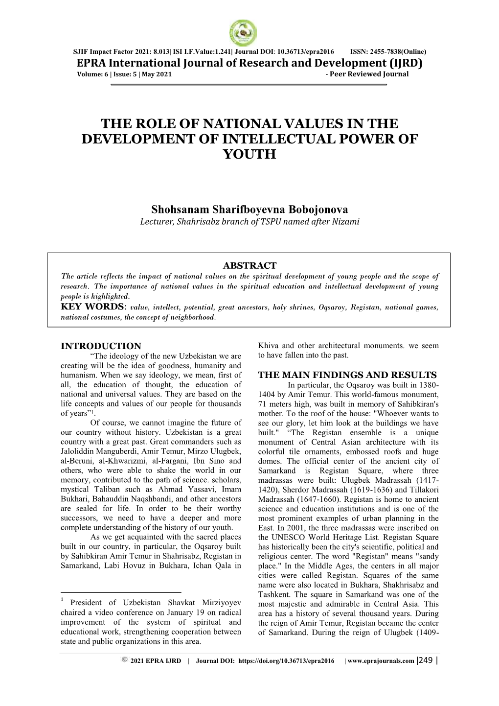 The Role of National Values in the Development of Intellectual Power of Youth