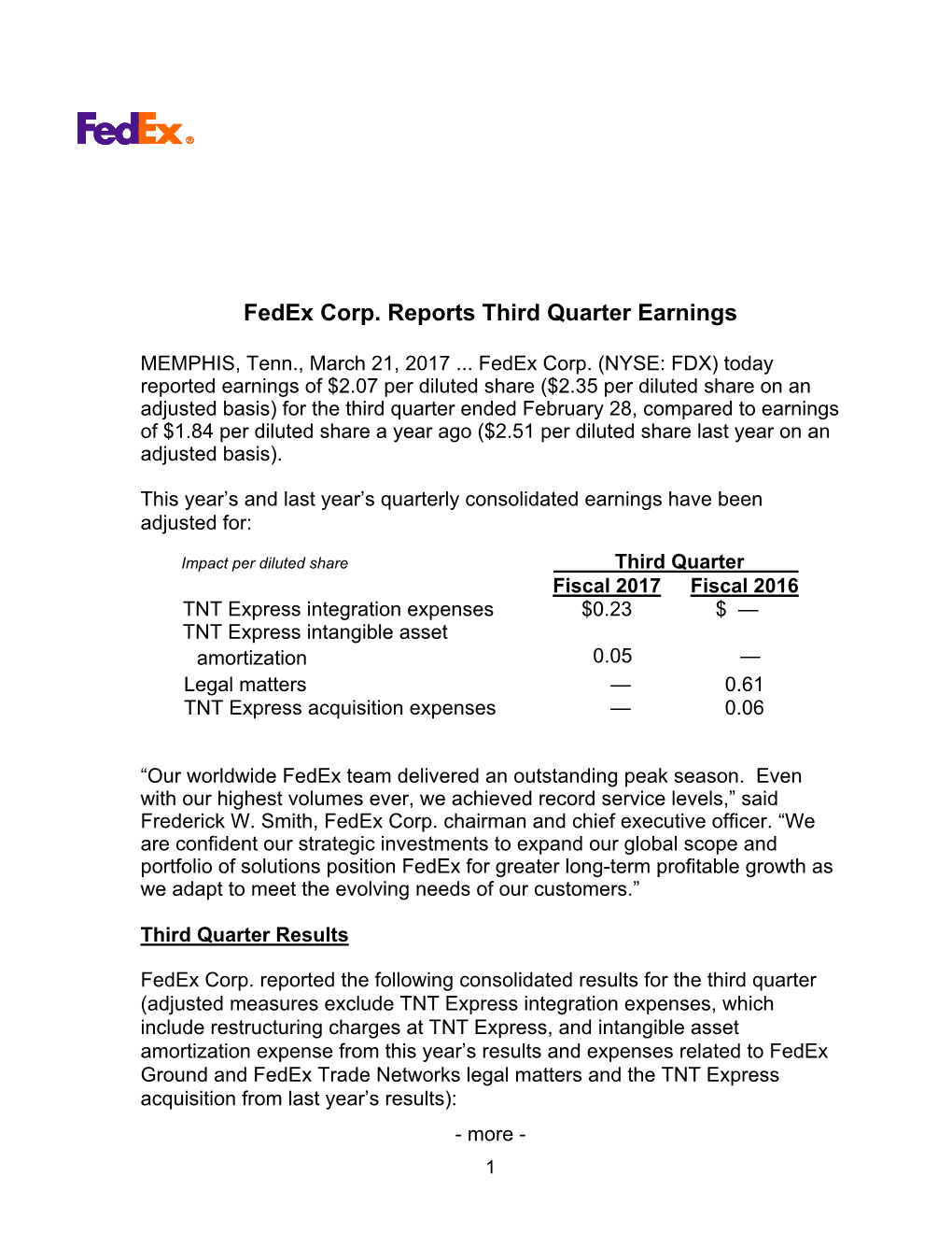 Fedex Corp. Reports Third Quarter Earnings