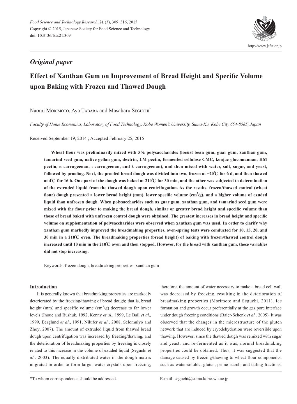 Original Paper Effect of Xanthan Gum on Improvement of Bread Height