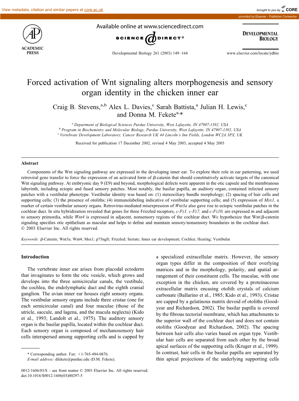 Forced Activation of Wnt Signaling Alters Morphogenesis and Sensory Organ Identity in the Chicken Inner Ear