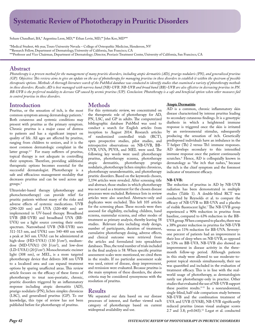 Systematic Review of Phototherapy in Pruritic Disorders