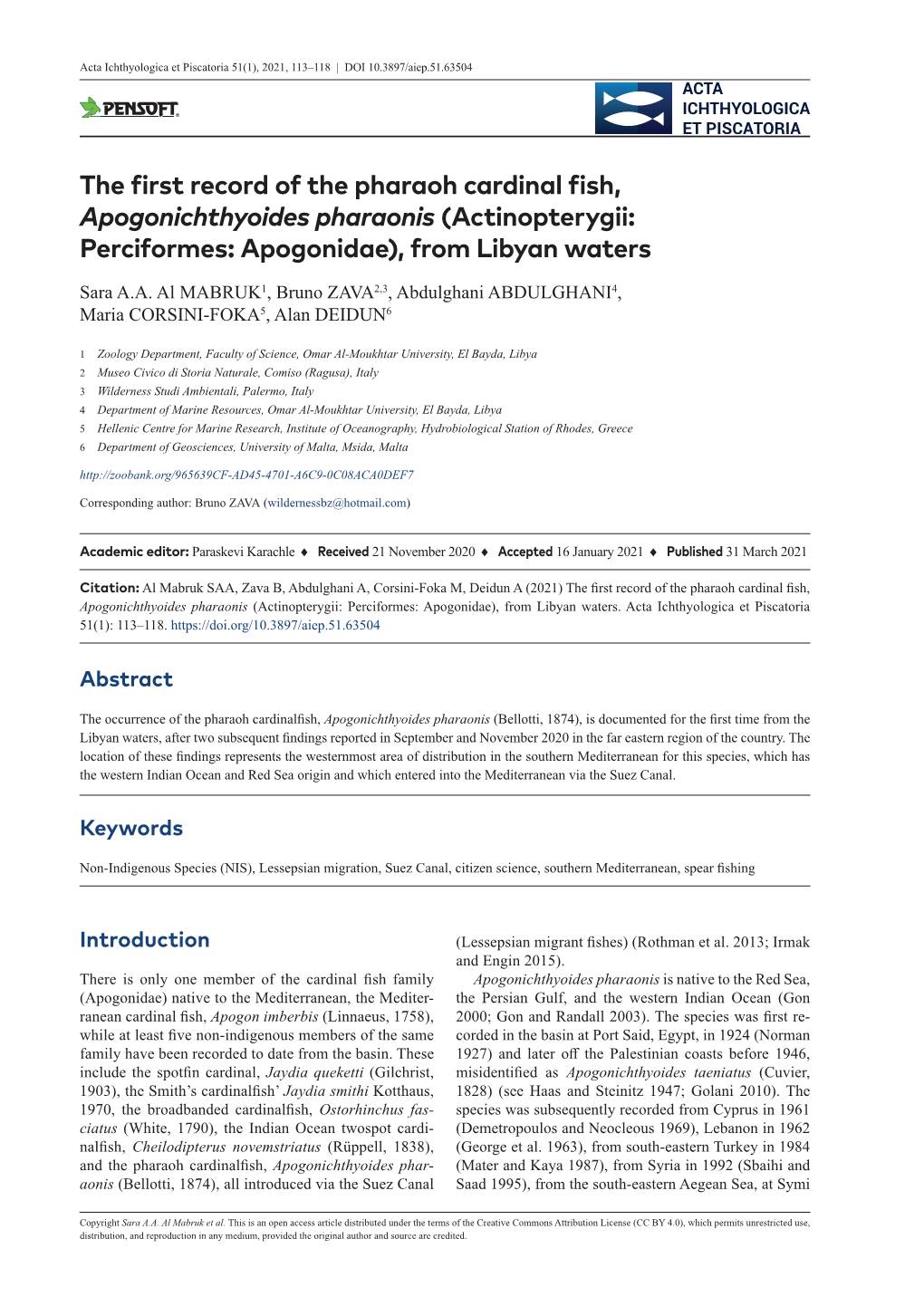 ﻿The First Record of the Pharaoh Cardinal Fish, Apogonichthyoides