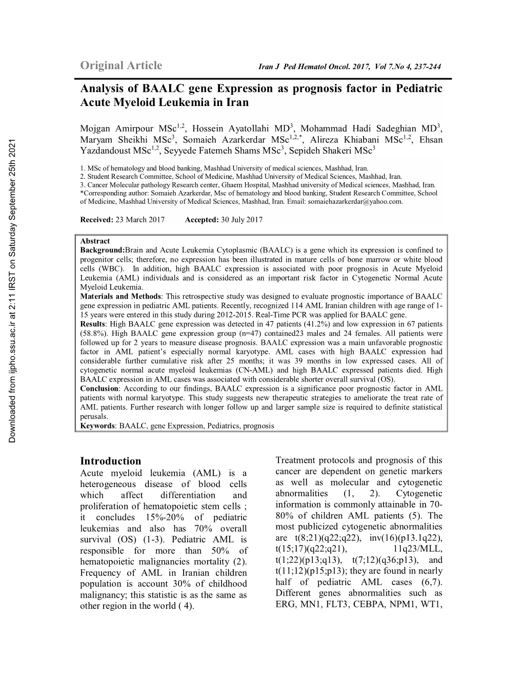 Analysis of BAALC Gene Expression As Prognosis Factor in Pediatric Acute Myeloid Leukemia in Iran