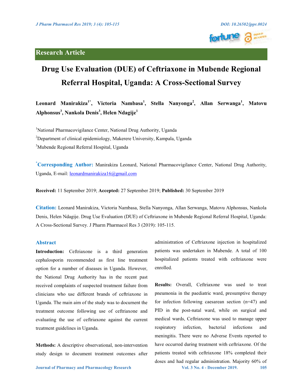 Drug Use Evaluation (DUE) of Ceftriaxone in Mubende Regional Referral Hospital, Uganda: a Cross-Sectional Survey