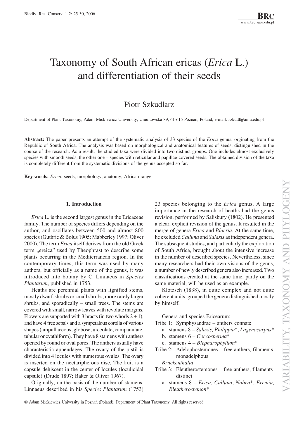 Taxonomy of South African Ericas (Erica L.) and Differentiation of Their Seeds