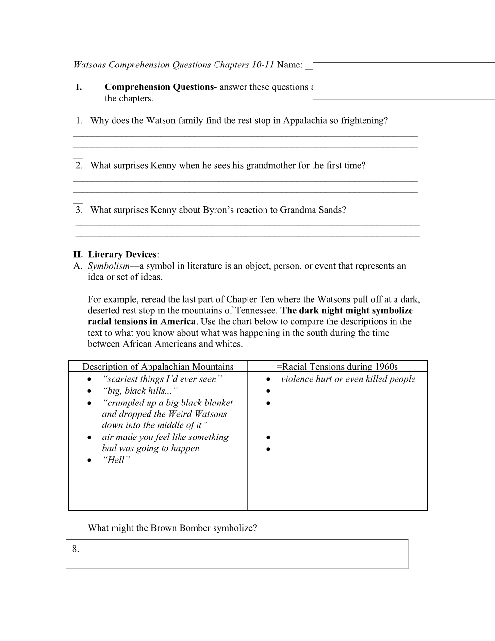 Watsons Comprehension Questions Chapters 9-11