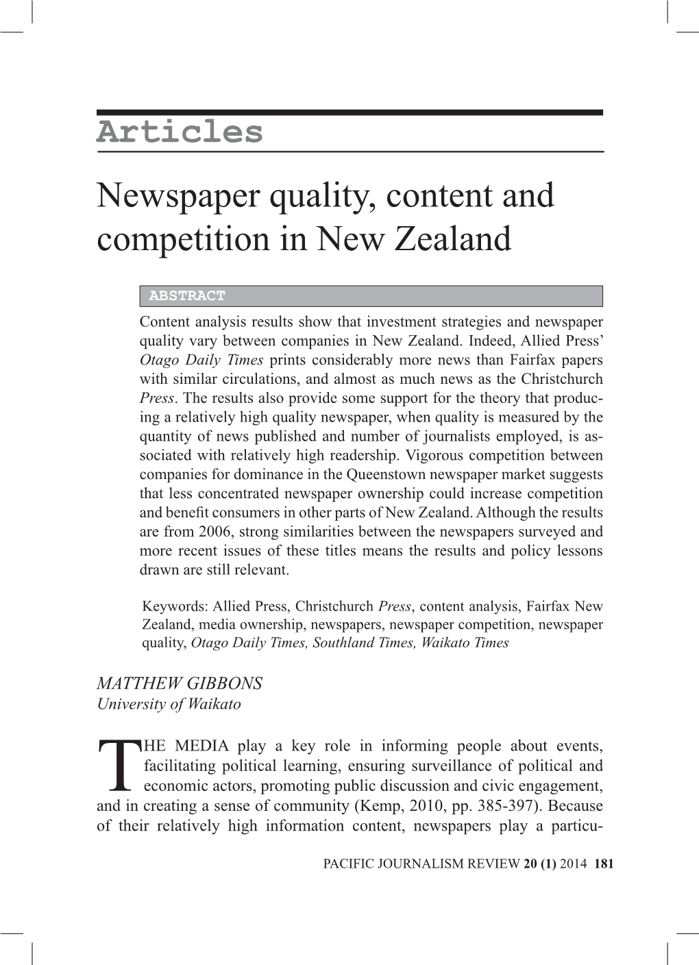 Articles Newspaper Quality, Content and Competition in New Zealand