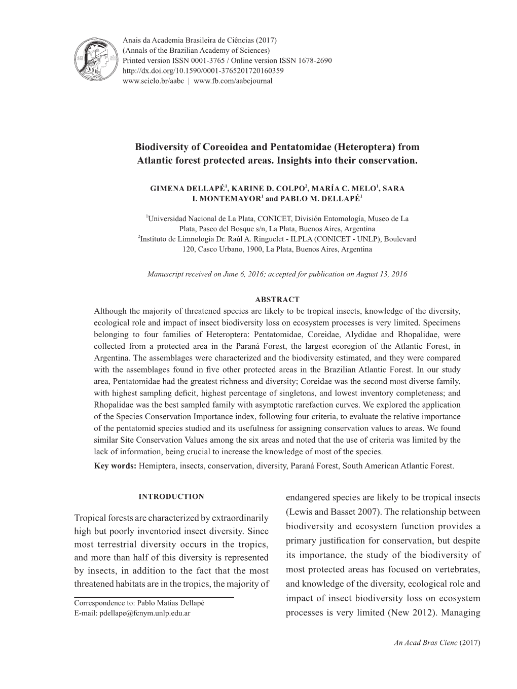 Biodiversity of Coreoidea and Pentatomidae (Heteroptera) from Atlantic Forest Protected Areas