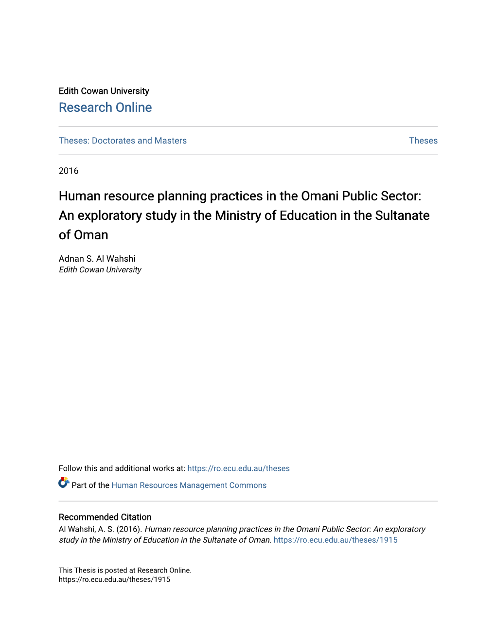 Human Resource Planning Practices in the Omani Public Sector: an Exploratory Study in the Ministry of Education in the Sultanate of Oman