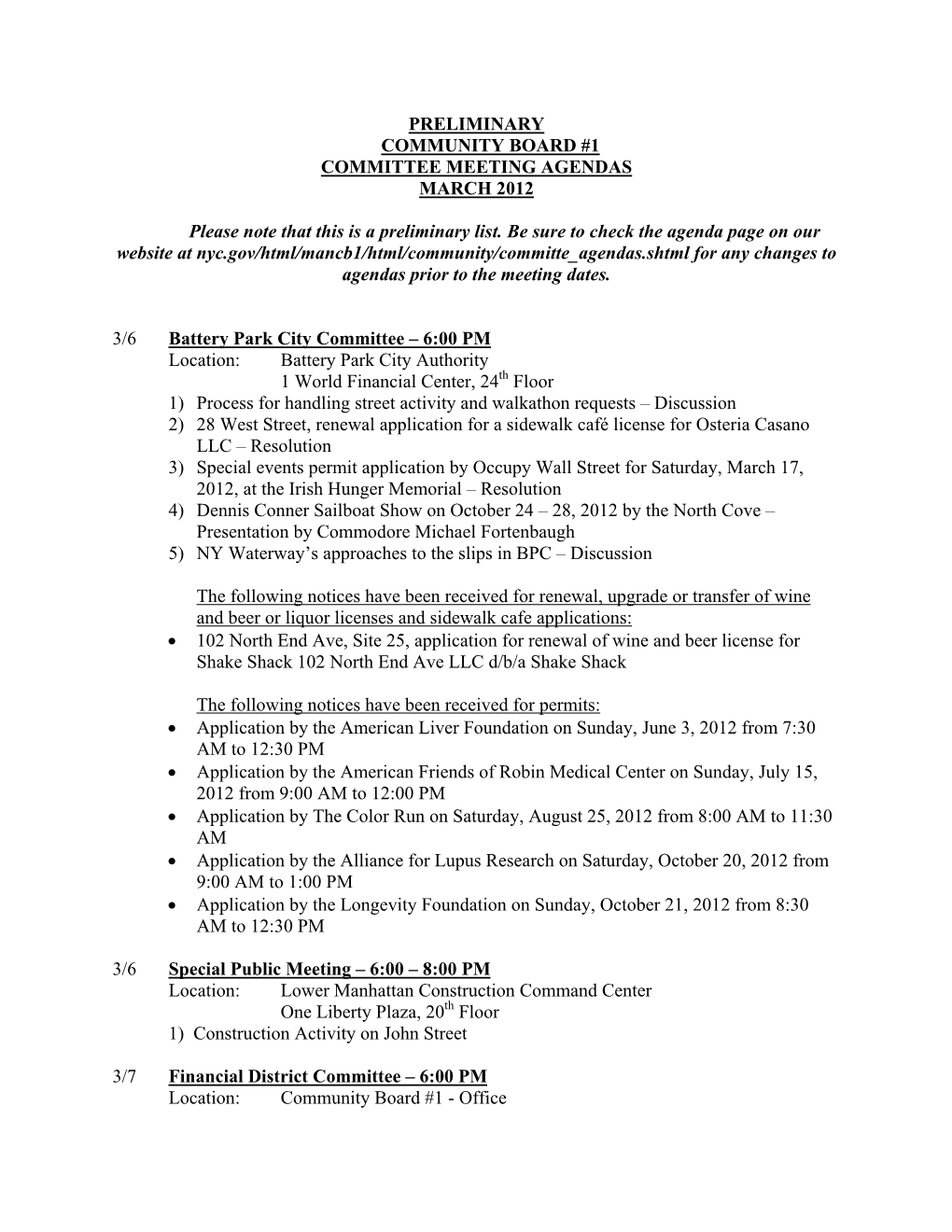 Preliminary Community Board #1 Committee Meeting Agendas March 2012