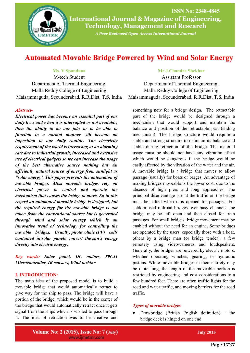 Automated Movable Bridge Powered by Wind and Solar Energy