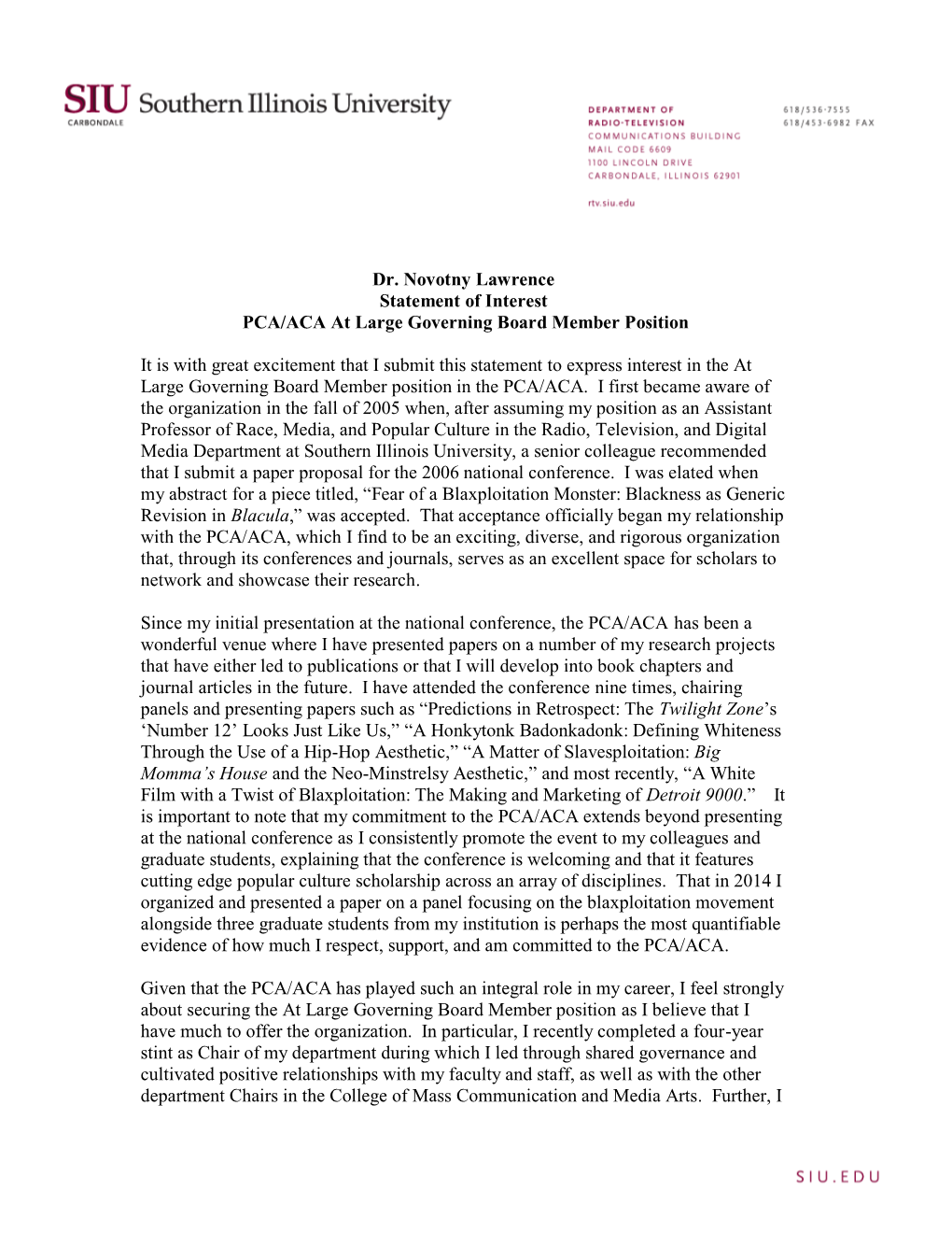 Dr. Novotny Lawrence Statement of Interest PCA/ACA at Large Governing Board Member Position
