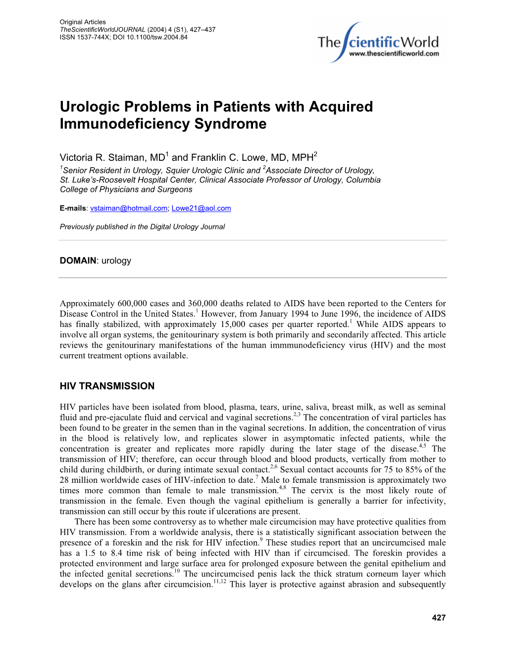 Urologic Problems in Patients with Acquired Immunodeficiency Syndrome