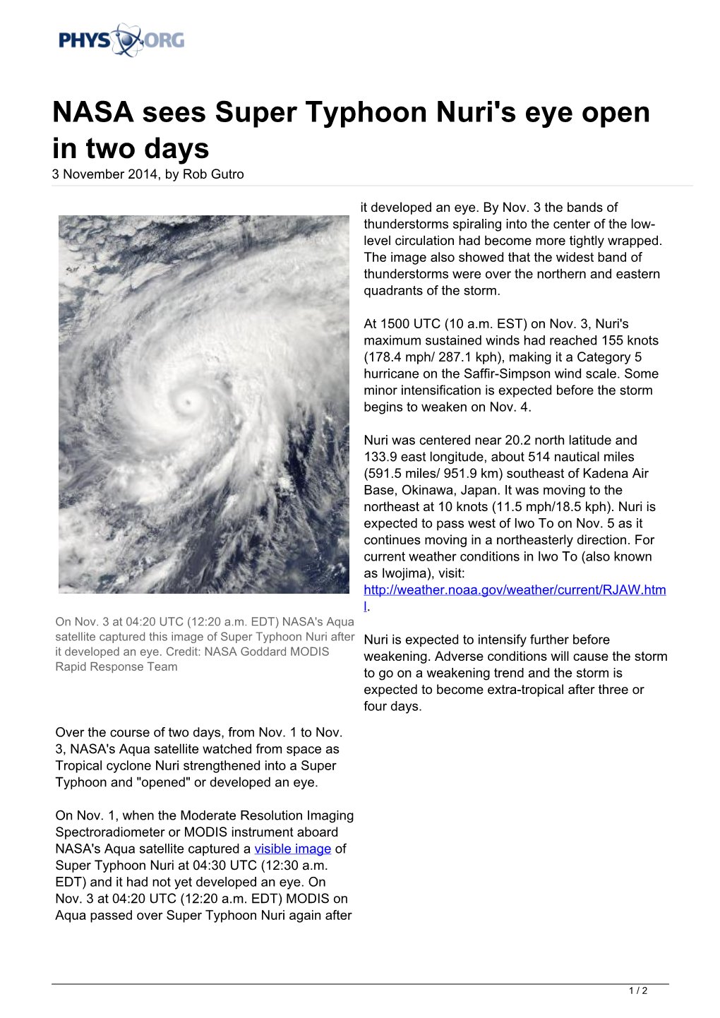 NASA Sees Super Typhoon Nuri's Eye Open in Two Days 3 November 2014, by Rob Gutro
