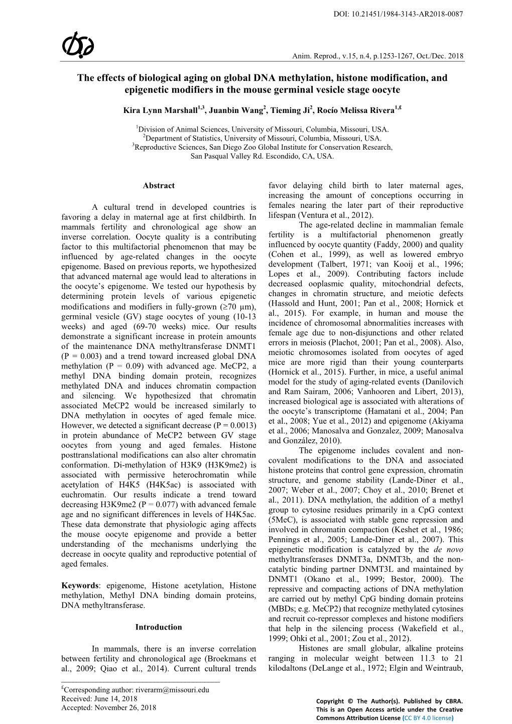 The Effects of Biological Aging on Global DNA Methylation, Histone Modification, and Epigenetic Modifiers in the Mouse Germinal Vesicle Stage Oocyte