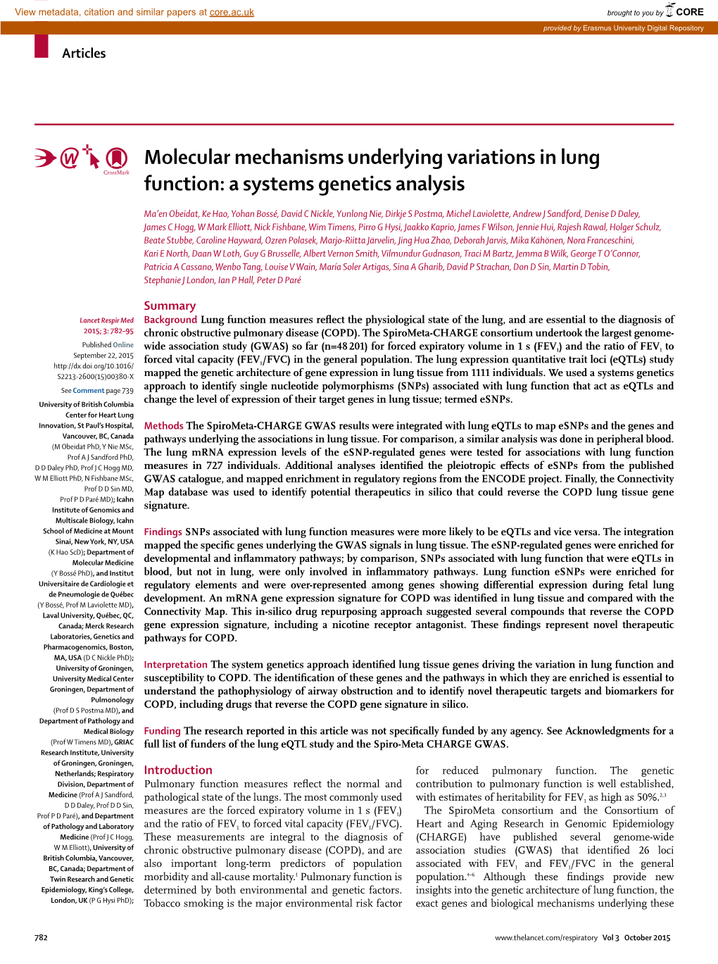 Molecular Mechanisms Underlying Variations in Lung Function: a Systems Genetics Analysis