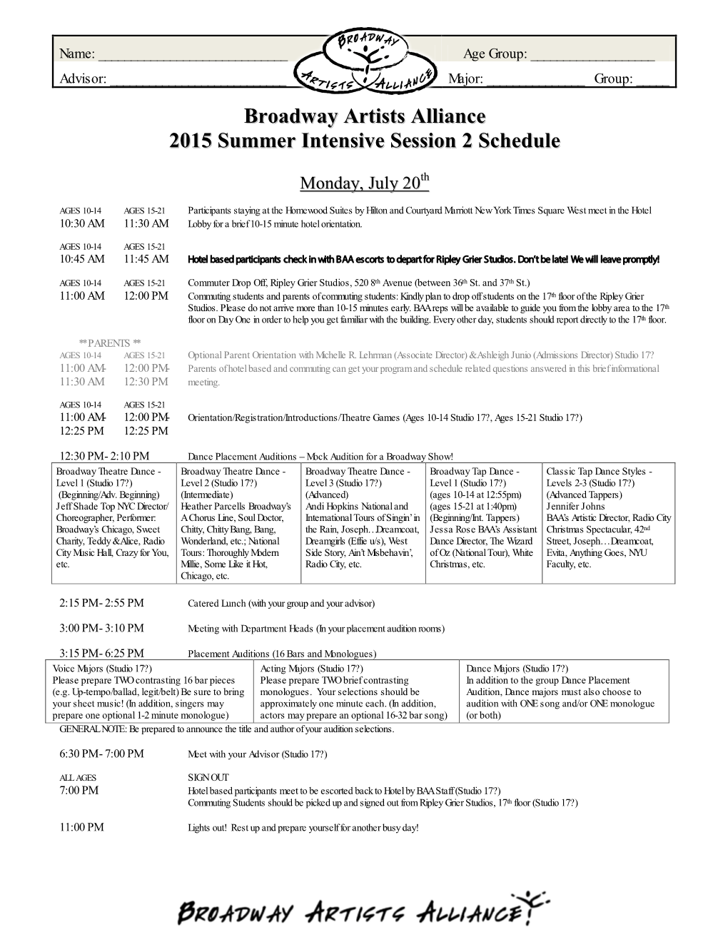 Broadway Artists Alliance 2015 Summer Intensive Session 2 Schedule