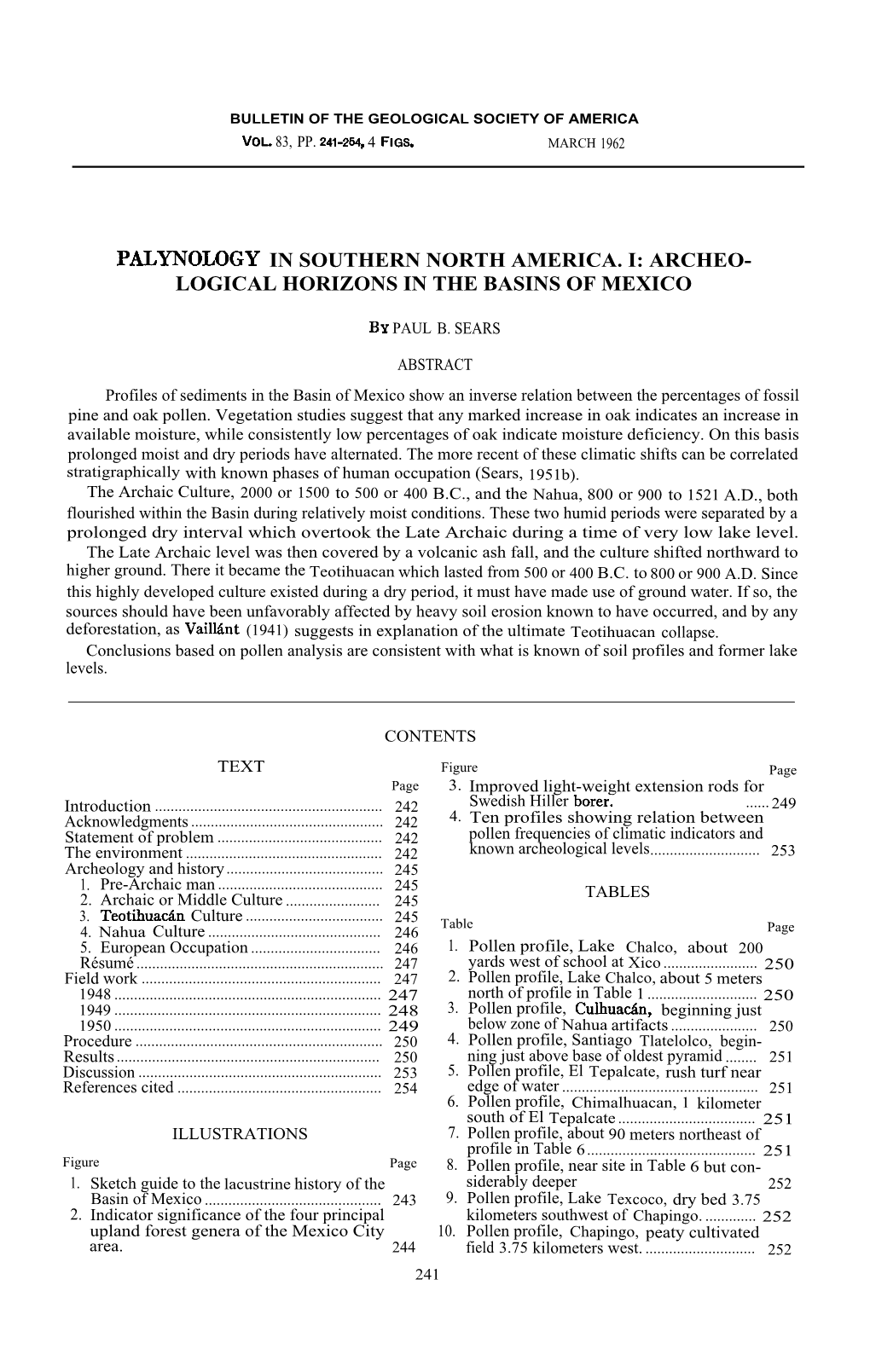 Palynology in Southern North America. I: Archeo- Logical Horizons in the Basins of Mexico