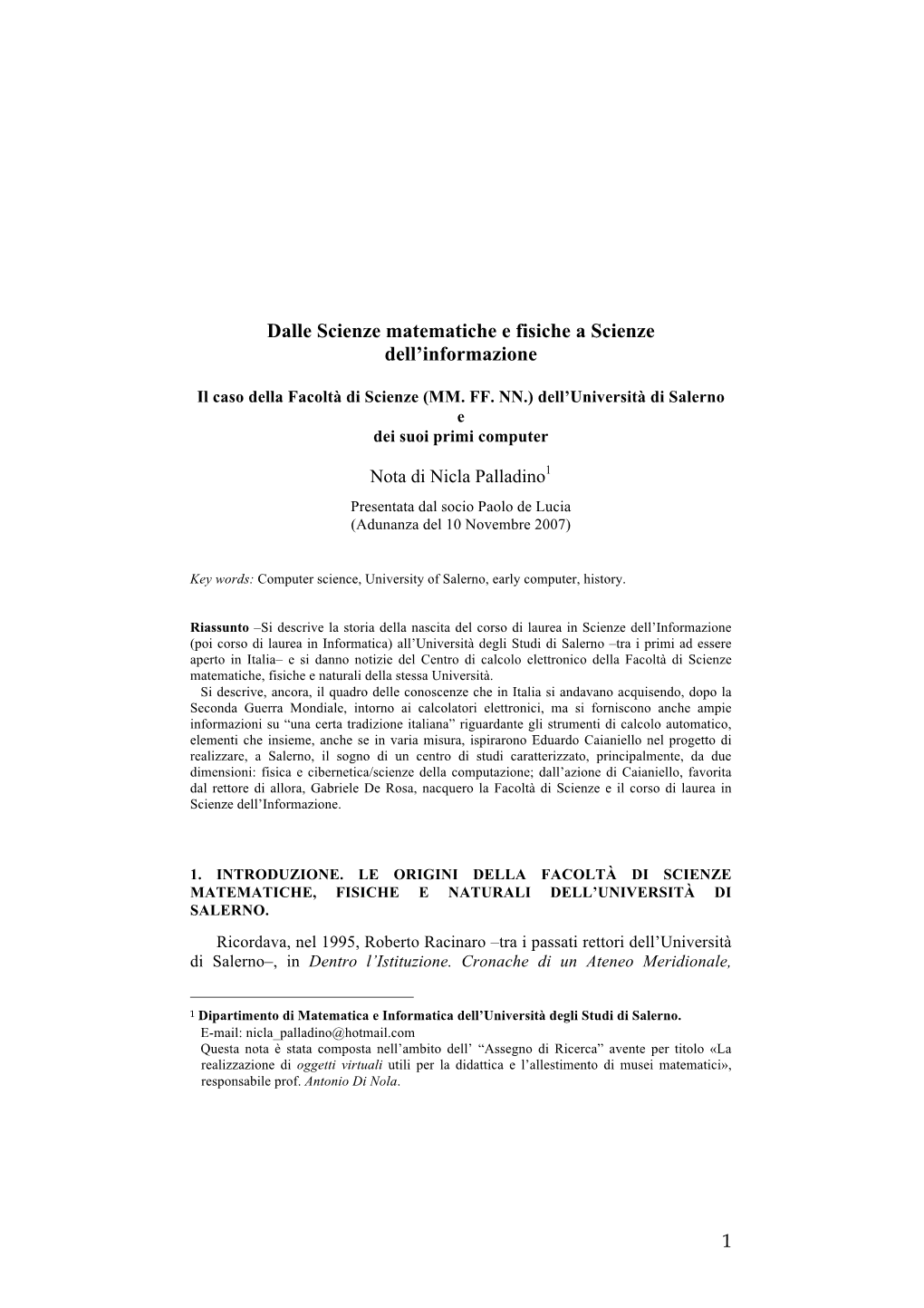 Dalle Scienze Matematiche E Fisiche a Scienze Dell'informazione