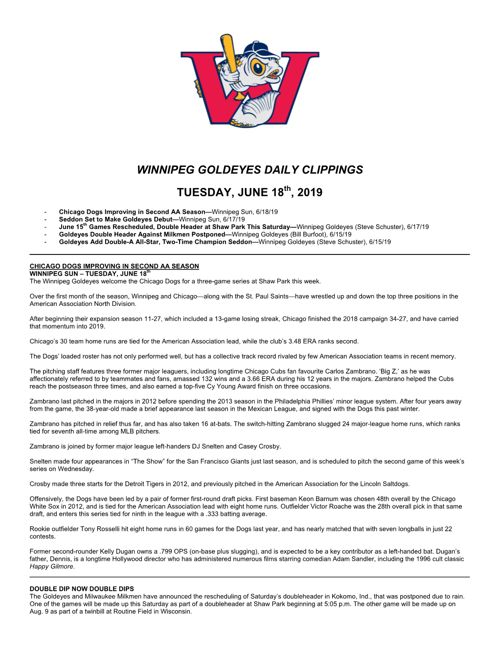 Winnipeg Goldeyes Daily Clippings Tuesday, June 18 , 2019