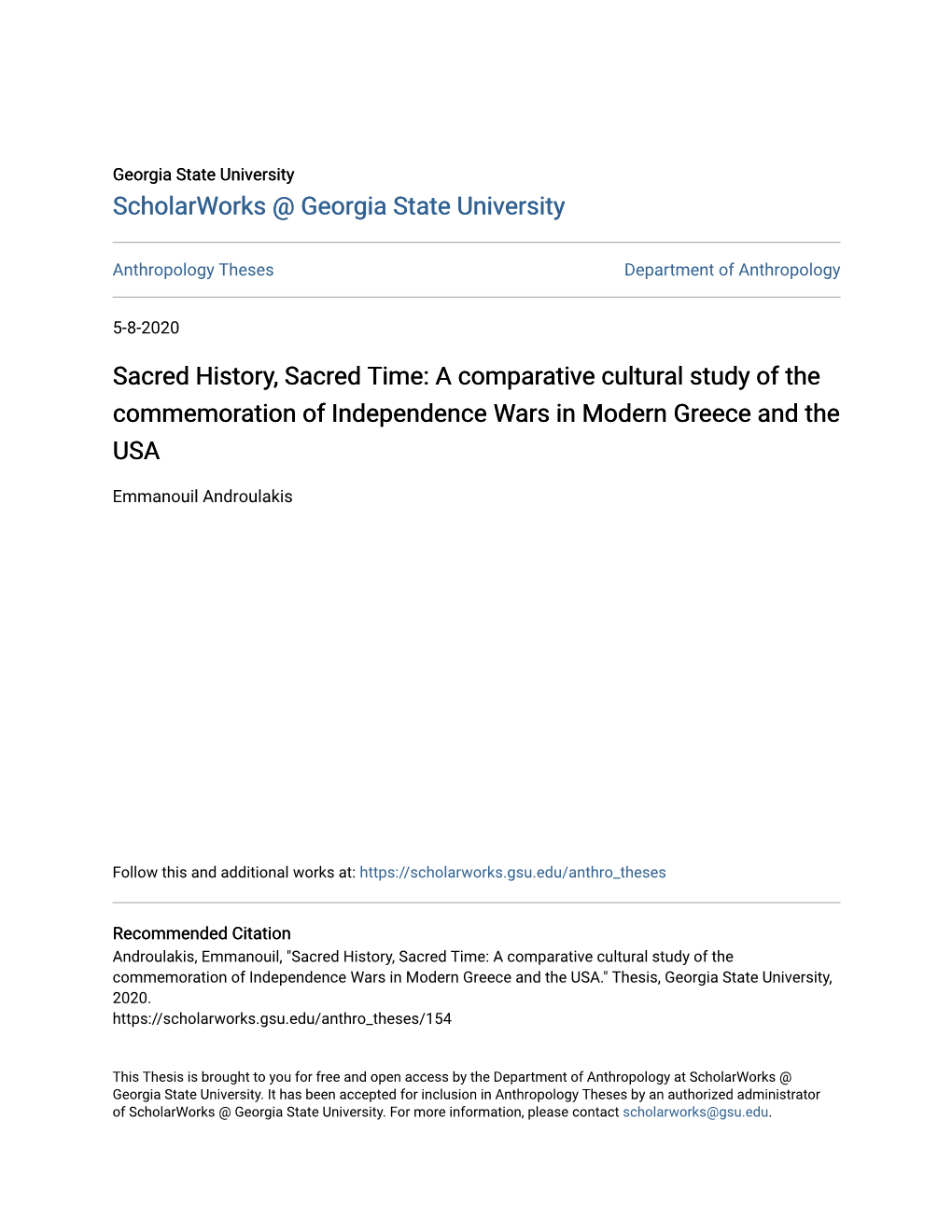 Sacred History, Sacred Time: a Comparative Cultural Study of the Commemoration of Independence Wars in Modern Greece and the USA