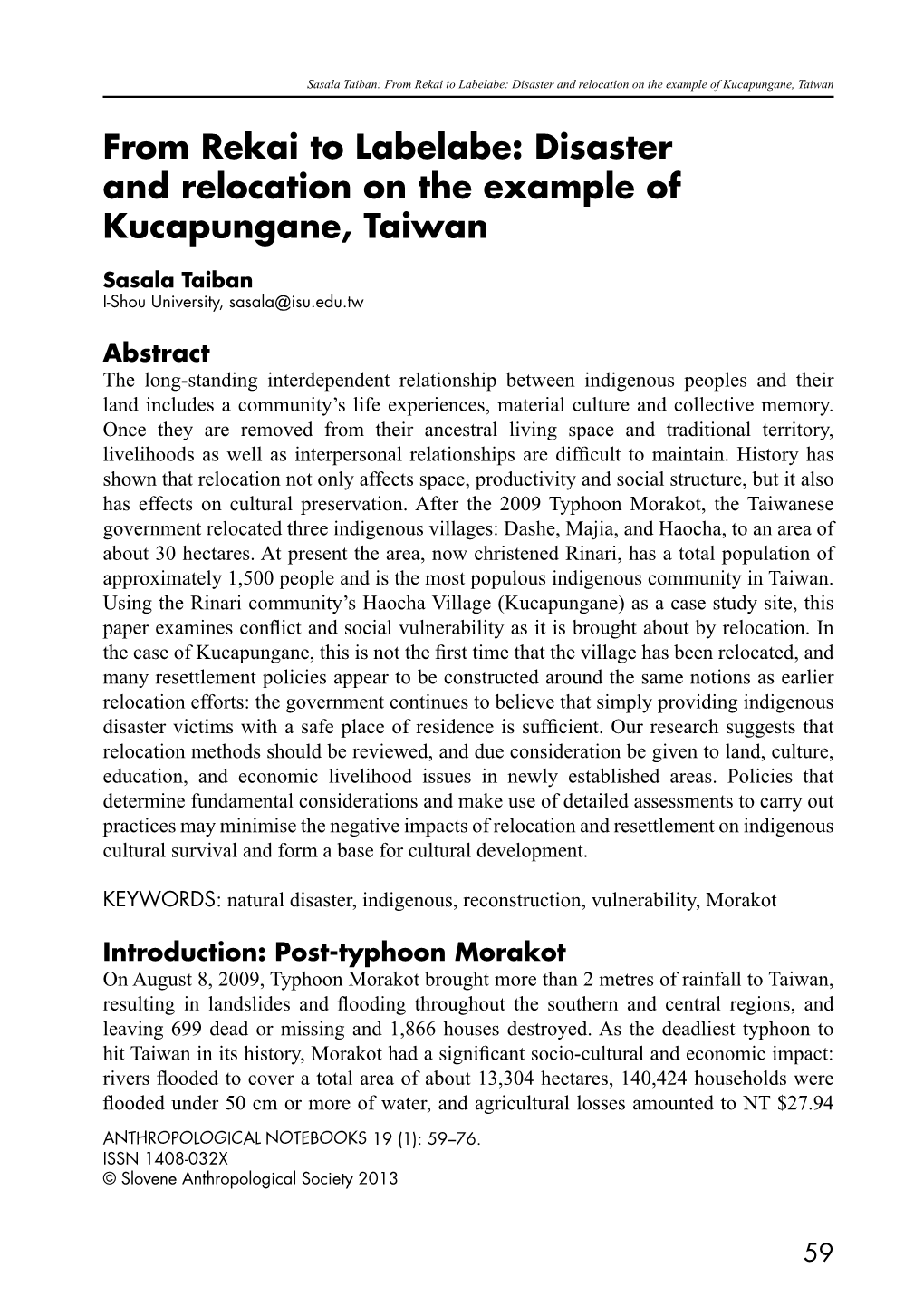 Disaster and Relocation on the Example of Kucapungane, Taiwan