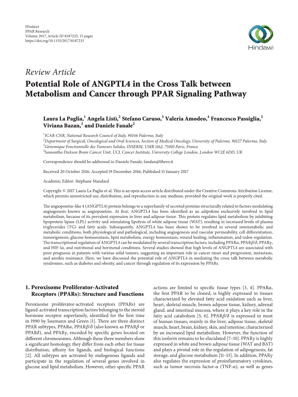 Review Article Potential Role of ANGPTL4 in the Cross Talk Between Metabolism and Cancer Through PPAR Signaling Pathway