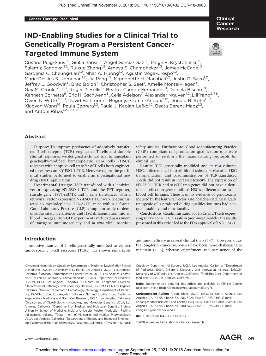 IND-Enabling Studies for a Clinical Trial to Genetically Program A