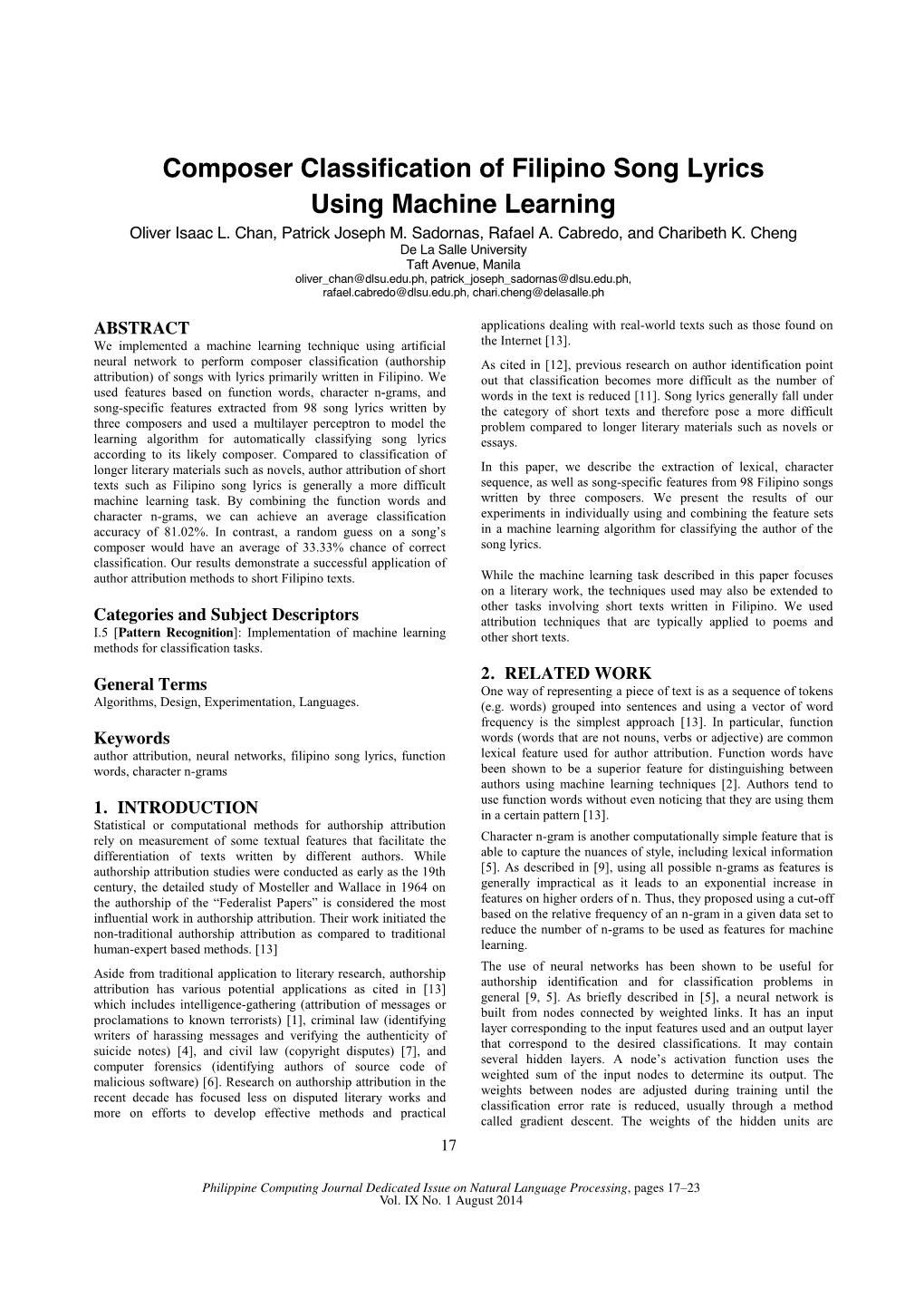 Composer Classification of Filipino Song Lyrics Using Machine Learning Oliver Isaac L