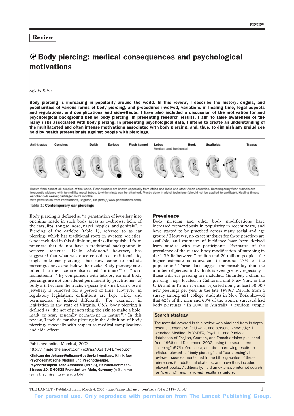 Body Piercing: Medical Consequences and Psychological Motivations