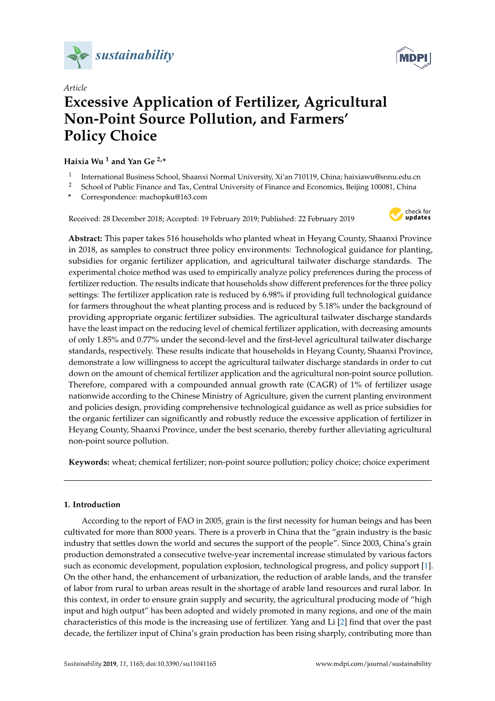 Excessive Application of Fertilizer, Agricultural Non-Point Source Pollution, and Farmers’ Policy Choice