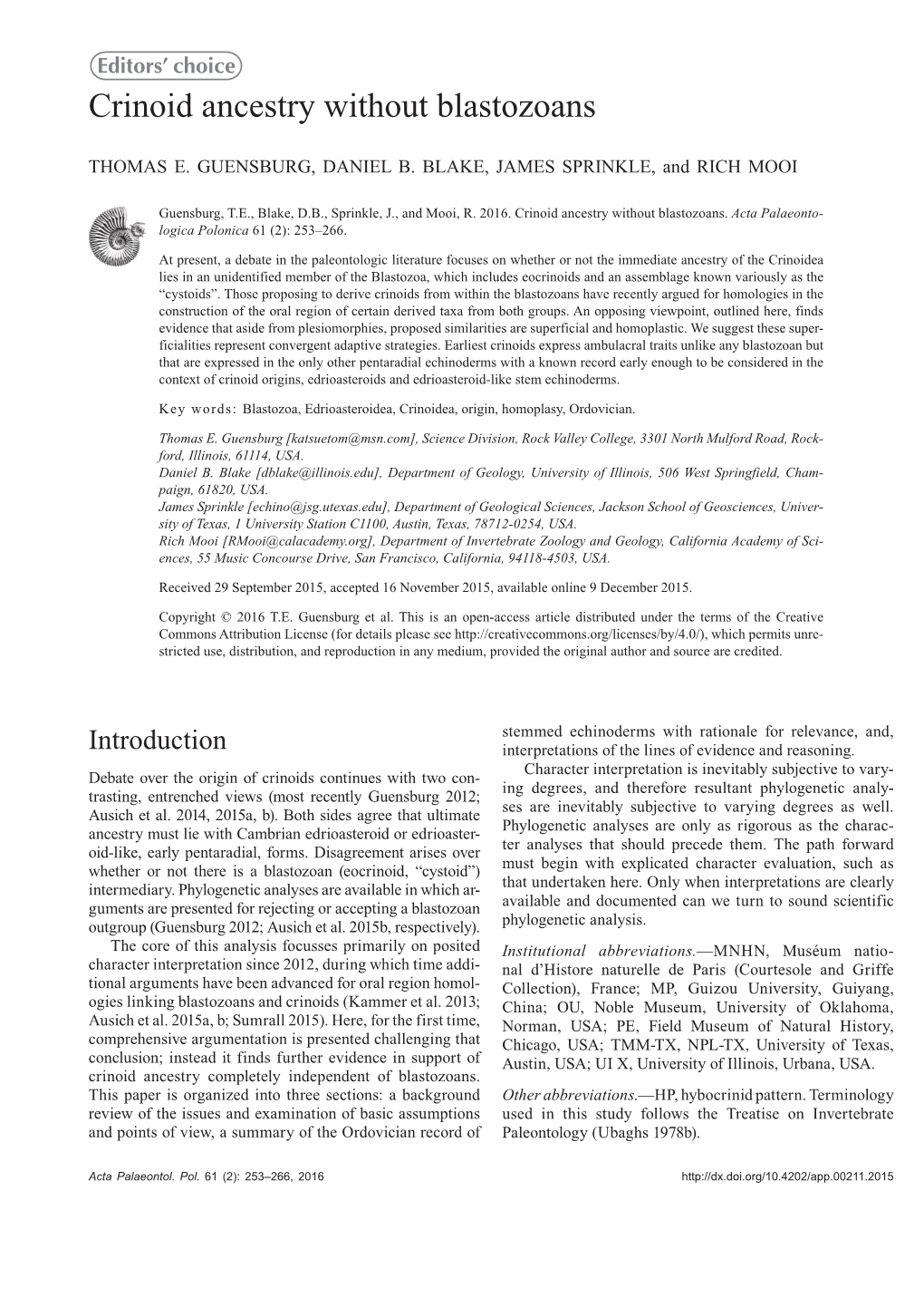 Crinoid Ancestry Without Blastozoans