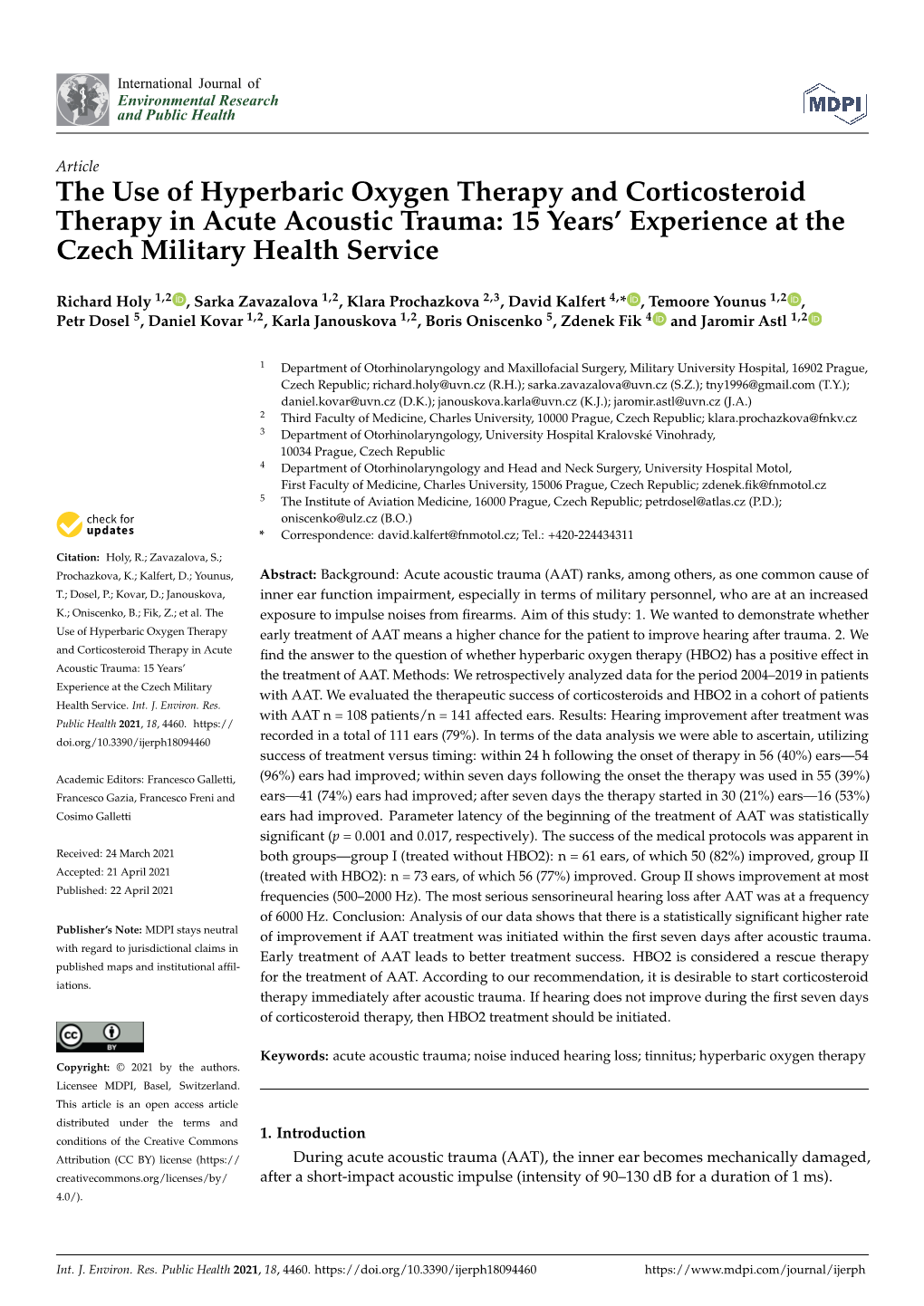 The Use of Hyperbaric Oxygen Therapy and Corticosteroid Therapy in Acute Acoustic Trauma: 15 Years’ Experience at the Czech Military Health Service