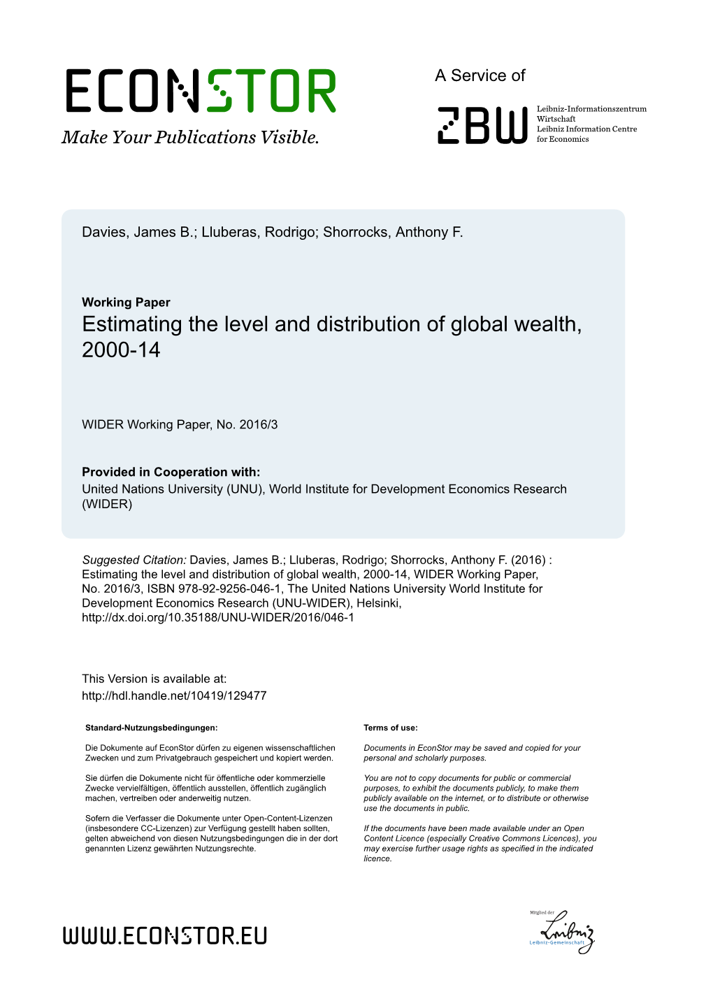 WIDER Working Paper 2016/3 Estimating the Level and Distribution