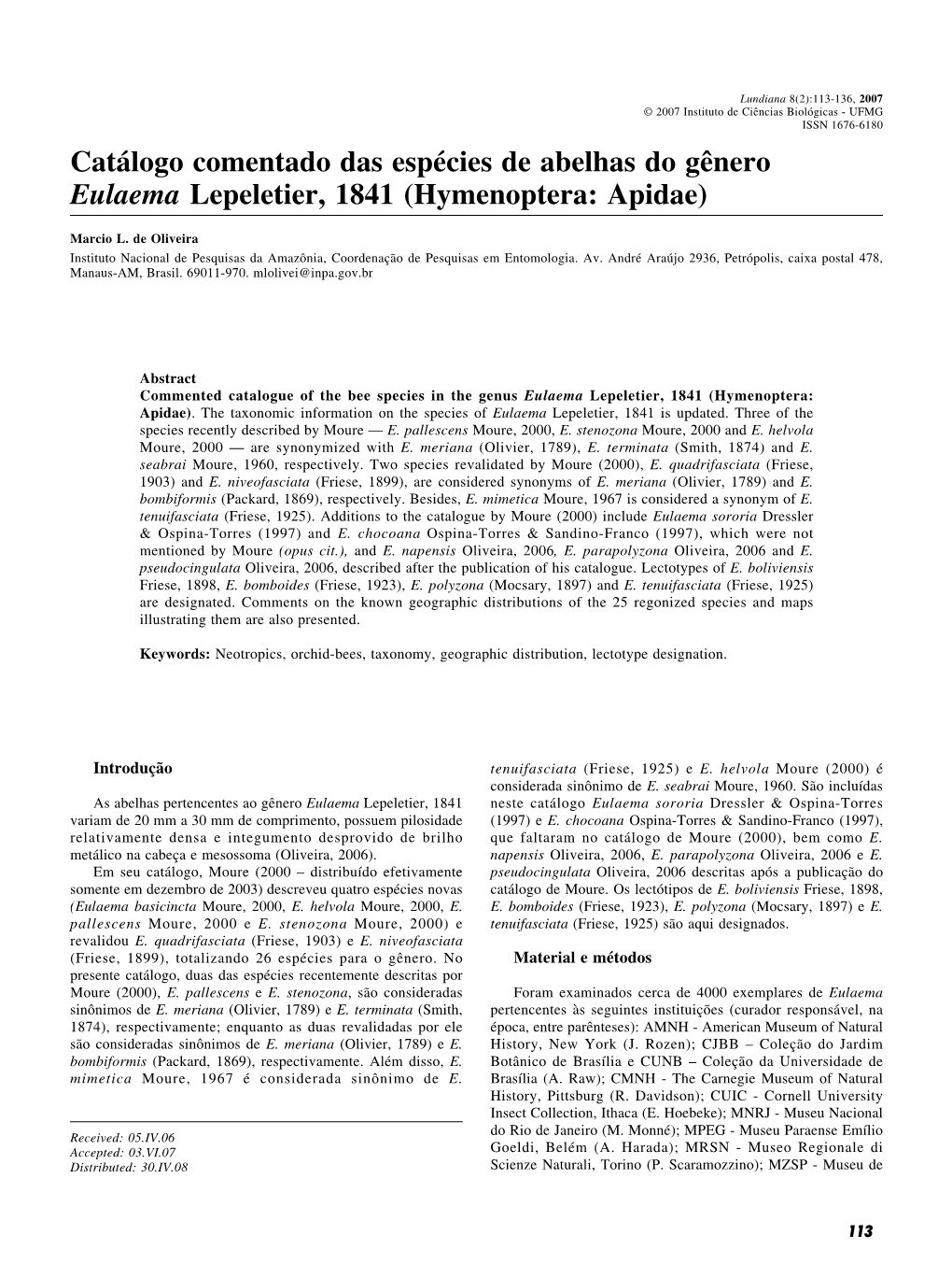 Catálogo Comentado Das Espécies De Abelhas Do Gênero Eulaema Lepeletier, 1841 (Hymenoptera: Apidae)