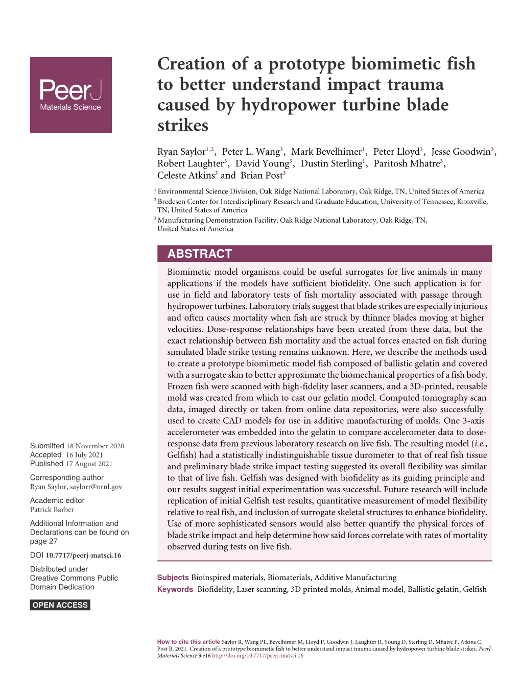 Creation of a Prototype Biomimetic Fish to Better Understand Impact Trauma Caused by Hydropower Turbine Blade Strikes