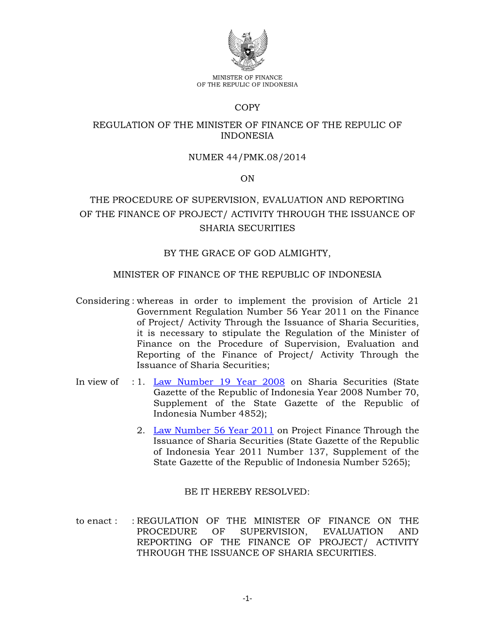 Copy Regulation of the Minister of Finance of the Repulic of Indonesia