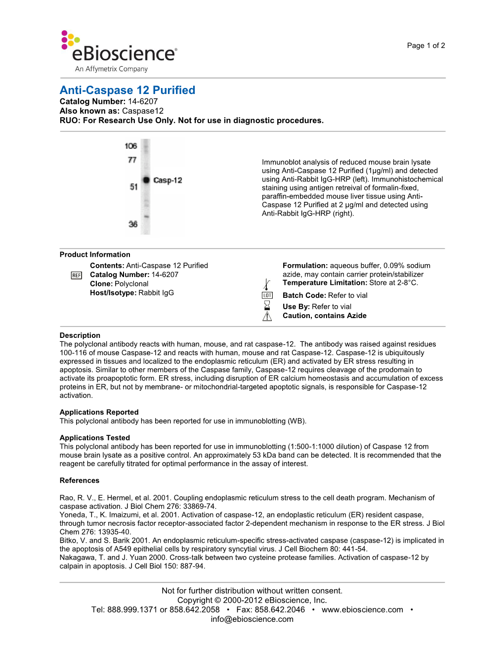 Anti-Caspase 12 Purified Catalog Number: 14-6207 Also Known As: Caspase12 RUO: for Research Use Only