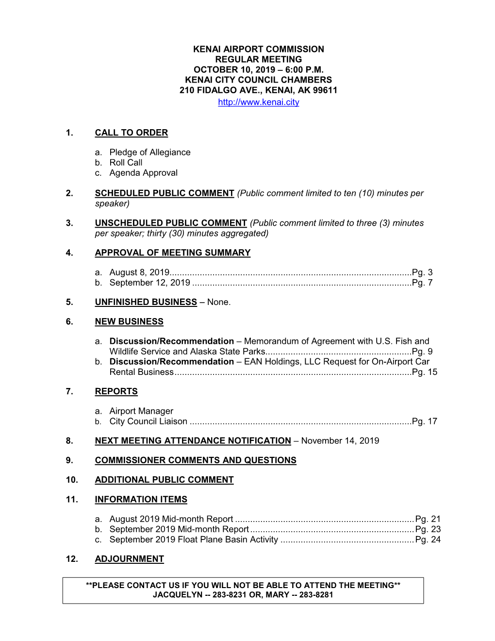 Kenai Airport Commission Regular Meeting October 10, 2019 – 6:00 P.M