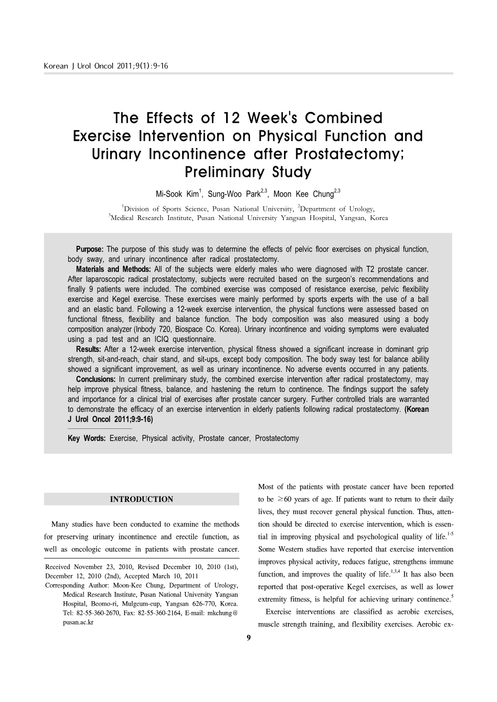 The Effects of 12 Week's Combined Exercise Intervention on Physical Function and Urinary Incontinence After Prostatectomy; Preliminary Study
