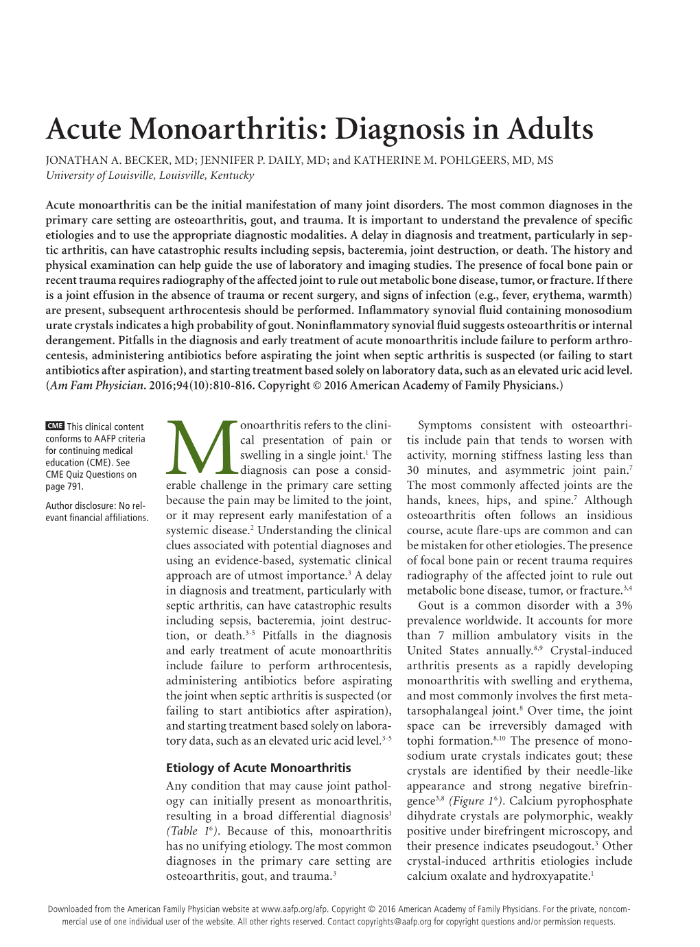 Acute Monoarthritis: Diagnosis in Adults JONATHAN A