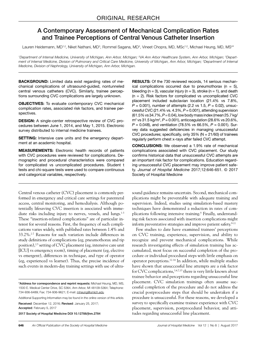 A Contemporary Assessment of Mechanical Complication Rates and Trainee Perceptions of Central Venous Catheter Insertion