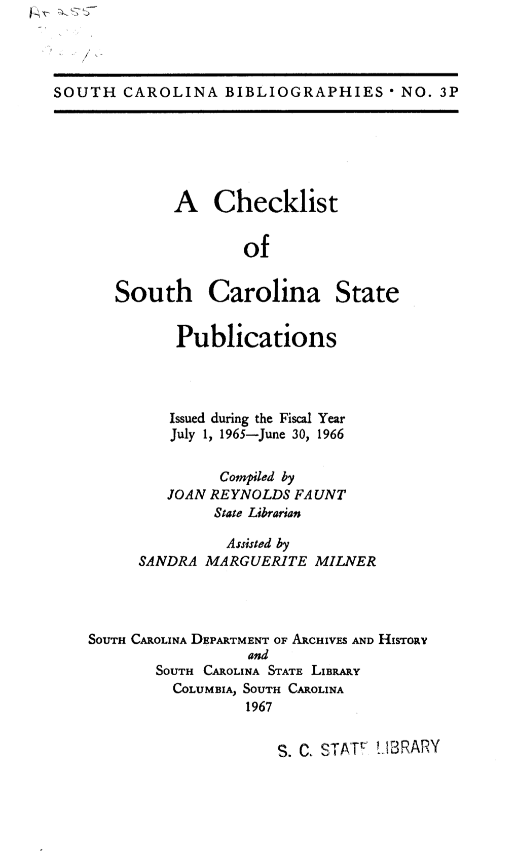 A Checklist South Carolina State Publications